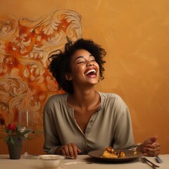 Black woman, young age, realistic image, candid, laughing at dinner