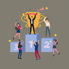 Vector happy businessmen standing on the winning podium with trophy . man get reward with golden trophy cup. teamwork, first place holding trophy , win contest illustration