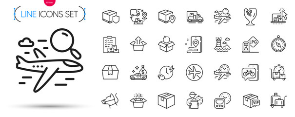Pack of Luggage trolley, Online storage and Place line icons. Include Parcel, Flight mode, Lighthouse pictogram icons. Truck transport, Search flight, Dog leash signs. Fragile package. Vector