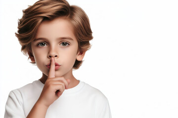 Portrait of young beautiful cute boy child hold finger on lips showing silence on white background. ai generative