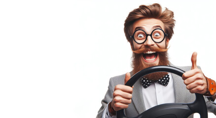Portrait of funny guy with hands hold steering car wheel isolated on white background. ai generative