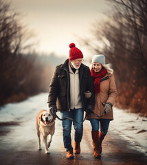 Smiling woman and older man wearing red Christmas hat, walking on a cold winter day. Loving family taking a walk with their golden retriever dog on a snowy country road.