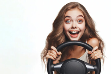 Portrait of funny Girl with hands hold steering car wheel isolated on white background. ai generative