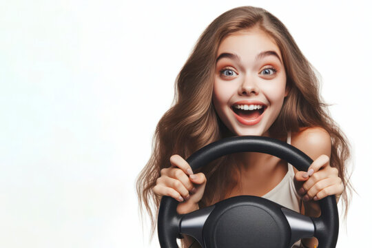 Portrait of funny Girl with hands hold steering car wheel isolated on white background. ai generative