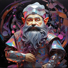 A portrait of a dwarf with metallic-colored clothing and white beard.Generative Ai