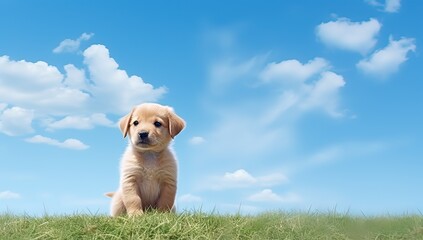 Cute golden retriever puppy sitting on the green grass and blue sky background - obrazy, fototapety, plakaty