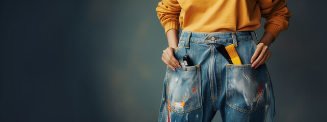 Young female painter wearing orange shirt and blue jeans covered in paint, with paintbrushes in her pockets, standing in front of the blue painted wall. Renovations, painting, paint work. Copy space.