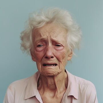 Portrait of very said old woman crying at camera