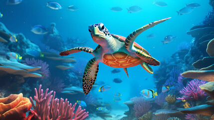 Obraz premium a turtle swimming in the ocean with many fish around it and a coral reef in the background with a school of fish