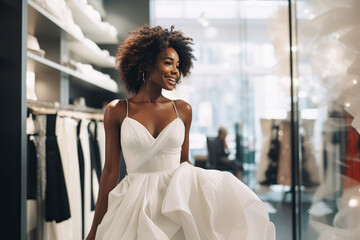 African American bride is trying on an elegant wedding dress in modern wedding salon - obrazy, fototapety, plakaty