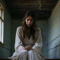 Fototapeta premium Very said woman in old house