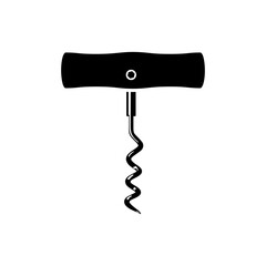 Corkscrew black icon for wine bottle isolated on white background. Old corkscrew with wooden handle. Vector illustration flat design. Isolated on white background.