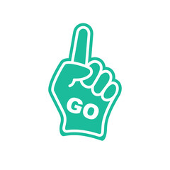 Foam fingers Go. Number one, fan hand glove with green finger raised. Foam hand. Sport supporting. Hand up with word Go. Vector illustration flat design. Isolated on a white background.