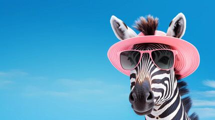 a zebra wearing sunglasses and a pink hat with a blue background and a blue sky background with a blue sky