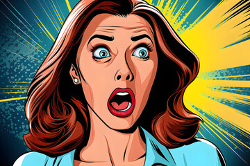 Shoked beautifull woman wearing blue shirt. cartoon style
