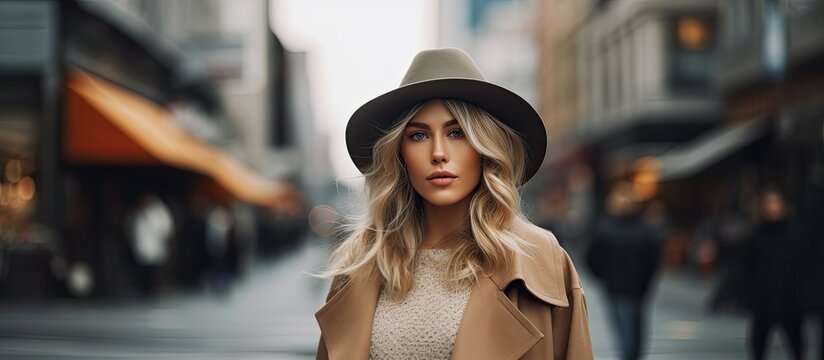 A picture capturing the elegance of a stunning blonde lady in stylish attire donning a coat and hat while strolling on a bustling urban street