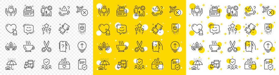 Outline Organic tested, Donation and Smile face line icons pack for web with Loyalty card, Cut, Qr code line icon. Inventory cart, Ask question, Coffee pictogram icon. Insurance policy. Vector