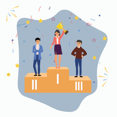 Vector happy businesswoman standing on the winning podium with trophy . man get reward with golden trophy cup. teamwork, first place holding trophy