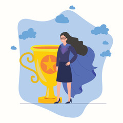 young woman celebrating a goal achievement and a trophy behind her , young girl won the contest isolated , best performer of the month illustration