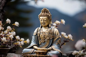 Golden Buddha statue in serene meditation, surrounded by delicate white blossoms, evoking spiritual tranquility.