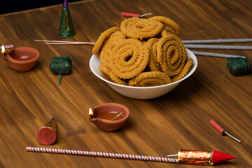 Indian Traditional Tea Time Snack Chakli, a deep fried snack, It is known as Chakali, Murukku, Muruku, Murkoo, Chakri.