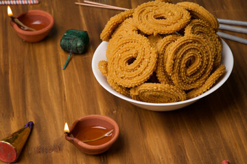 Indian Traditional Tea Time Snack Chakli, a deep fried snack, It is known as Chakali, Murukku, Muruku, Murkoo, Chakri.