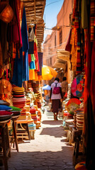 A bustling Moroccan bazaar with vibrant textiles, aromatic spices, and merchants haggling, the narrow alleys filled with colorful stalls and curious shoppers