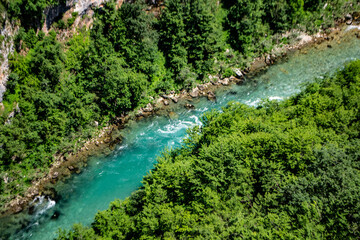 lazurowa, turkusowa woda rzeki Tara w Czarnogórze, Montenegro widziana z mostu Tara Bridge - obrazy, fototapety, plakaty