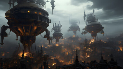 A grand steampunk metropolis with towering brass skyscrapers, intertwined pipelines, and airships soaring through the smoky sky, evoking a sense of industrial might and Victorian-era 