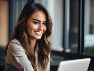 Fototapeta premium a young smiling beautiful woman is working at a laptop in the office