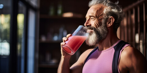 Thirsty Man with Grey Hair Sips Fruit Juice for Recovery