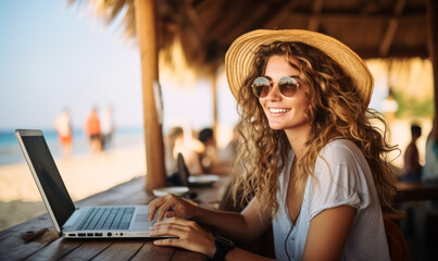 Coastal Connectivity: Happy Woman Uses Laptop at Beach Cafe