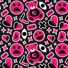 Emo pattern. Vector illustration with hearts, stars, eyes, teddy and psychedelic acid elements. Old 90s and 00s style