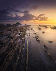 Rocks in the sea at sunset. Tuscany coast. Italy