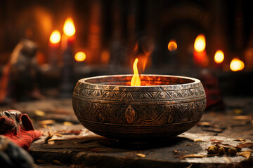 Engraved singing bowl with radiant flames set in a serene meditation space, symbolizing spiritual healing and tranquility. - obrazy, fototapety, plakaty