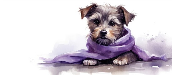 A little dog in a purple scarf depicted in a watercolor painting expressing its sadness