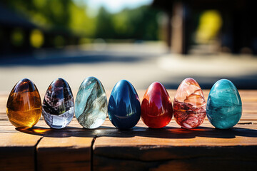 A captivating line-up of sunlit gemstones on rustic wood, showcasing their brilliant colors and intricate details.