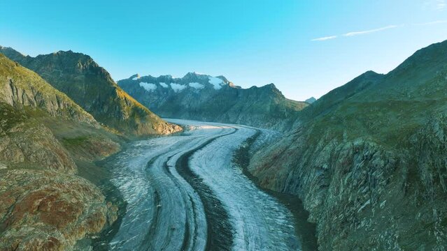 Descending towards the bottom of the Great Aletsch Glacier of Swiss Alps