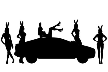 Black silhouettes of sexy girls with bunny ears around a car