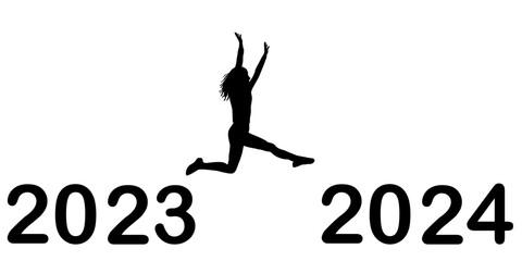 Happy New Year concept with black silhouette of young woman jumping from 2023  to 2024