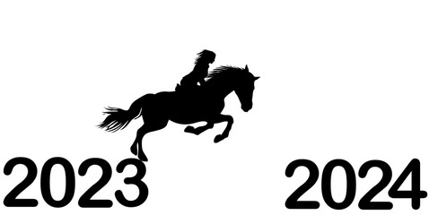 Happy New Year concept with black silhouette of Jockey riding horse jumping from 2023  to 2024