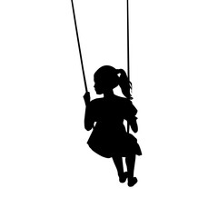 Silhouette of a little girl on the swing - obrazy, fototapety, plakaty