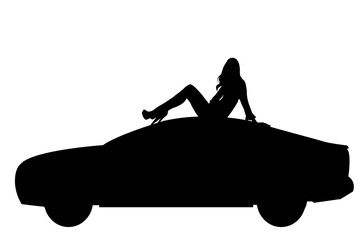 Silhouette of a beautiful woman sitting on a car in a showroom