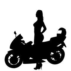 Silhouette of a sexy woman standing next to a motorbike