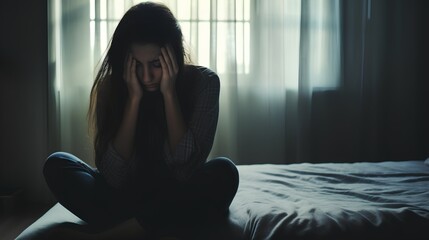 Lonely woman feeling depressed and stressed. Mental struggle with thoughts about suicide. Dark emotions and feelings from depression, anxiety, bipolar and Schizophrenia. Female in breakdown moment.
