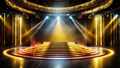 Golden and black stage with spotlights awards graphics modern background