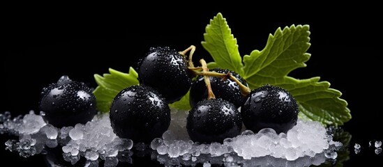 A delicious and nutritious photo of black currants frozen and paired with sugar showcased against a black backdrop alongside water