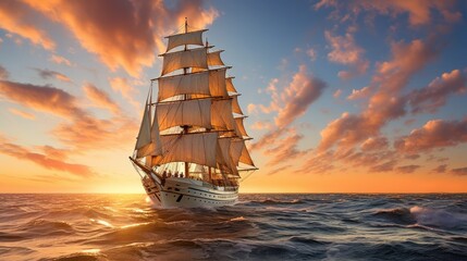 New Beginnings at Sea: Explore the beauty and promise of a new day with sunrise scenes on a tall sailing ship - obrazy, fototapety, plakaty