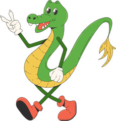 New Year dragon, the symbol of 2024, shows two fingers with peace sign in a cartoon groove style. Vector illustration in retro style of the 60s, 70s, 80s