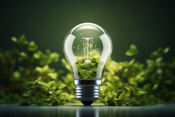 An isolated green background features an eco-friendly LED bulb powered by solar panels, conveying the idea of renewable energy. - obrazy, fototapety, plakaty